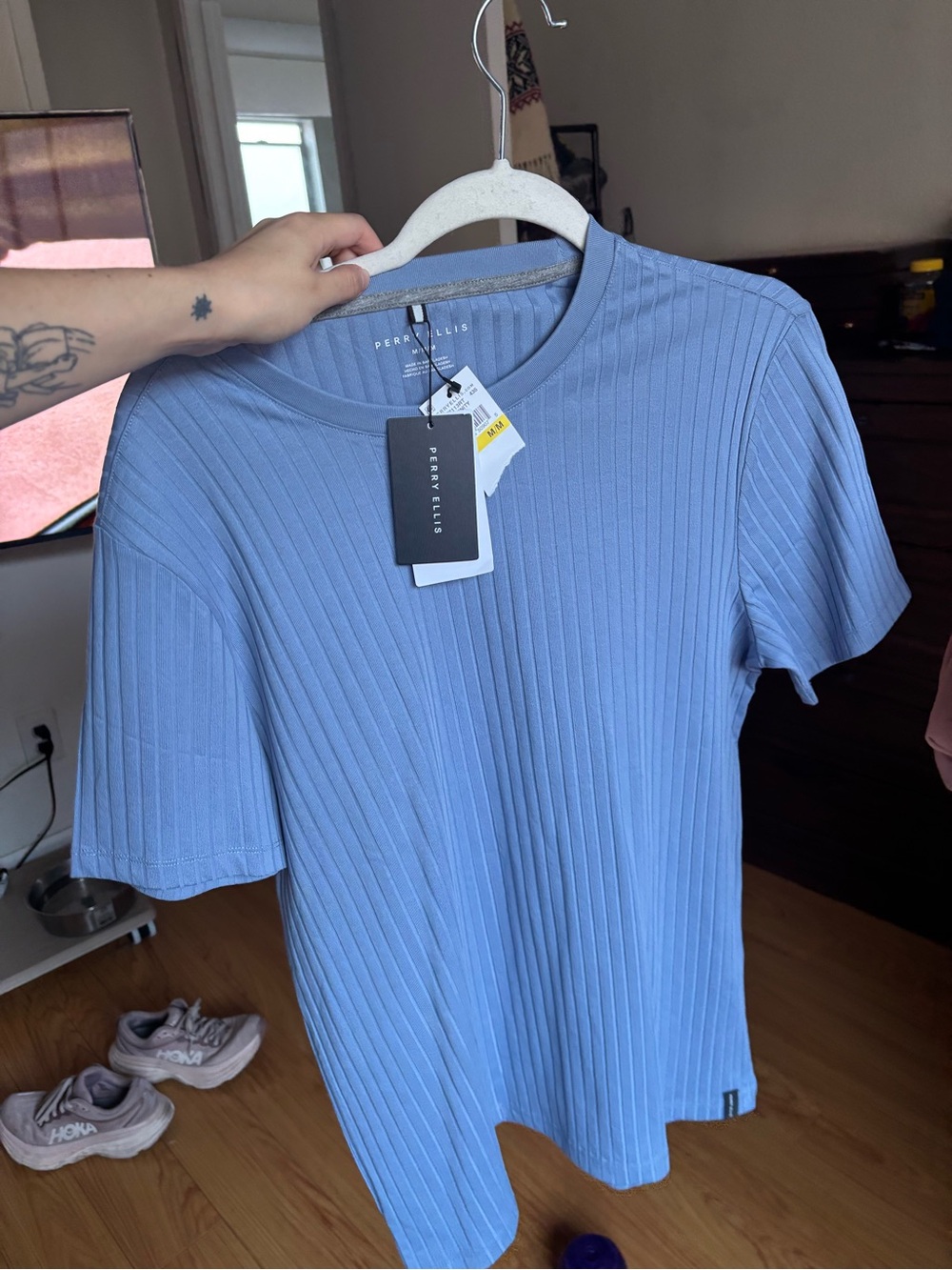 Perry Ellis Light Blue Ribbed Short Sleeve Tee - Picture 2 of 4